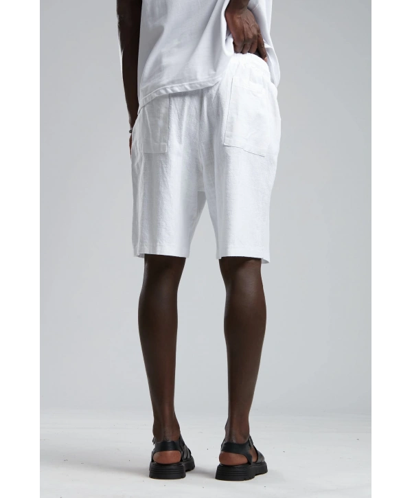Erkek Beli Lastikli Keten Şort-Beyaz
