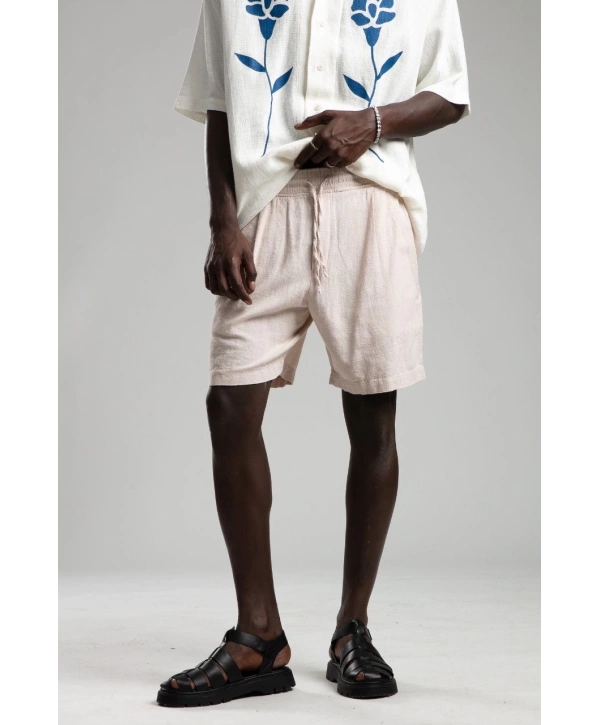 Erkek Beli Lastikli Keten Şort- Krem