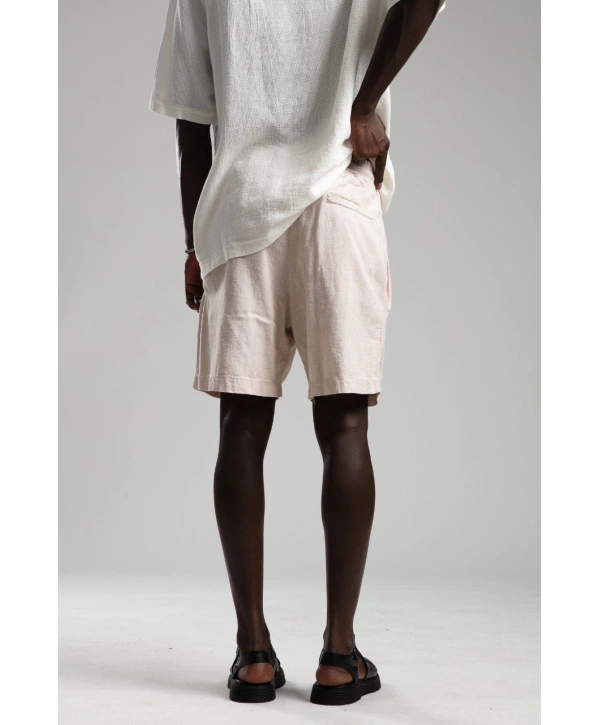 Erkek Beli Lastikli Keten Şort- Krem