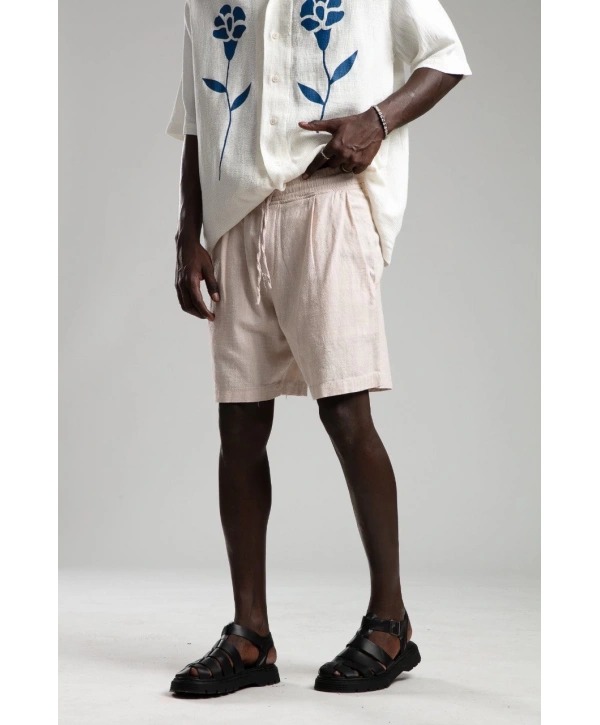 Erkek Beli Lastikli Keten Şort- Krem