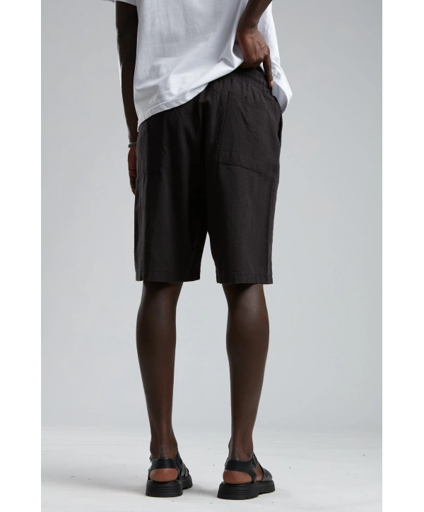 Erkek Beli Lastikli Keten Şort- Siyah