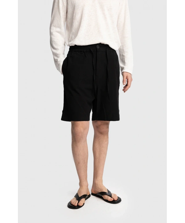 Erkek Beli Lastikli Keten Şort-Siyah