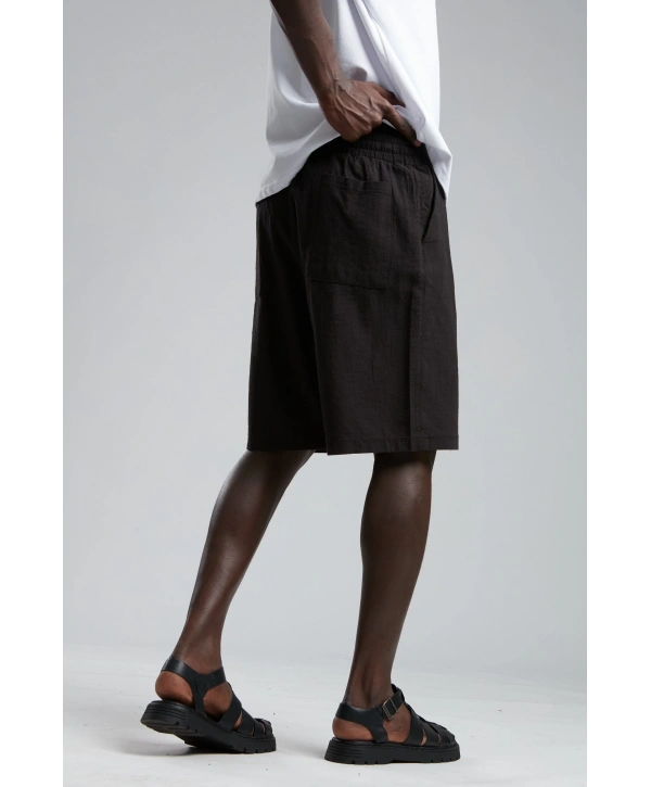 Erkek Beli Lastikli Keten Şort- Siyah