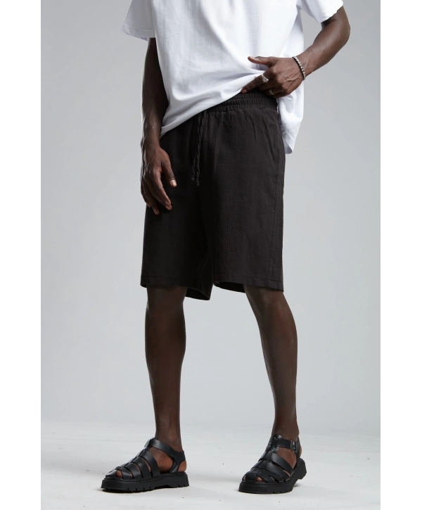 Erkek Beli Lastikli Keten Şort- Siyah