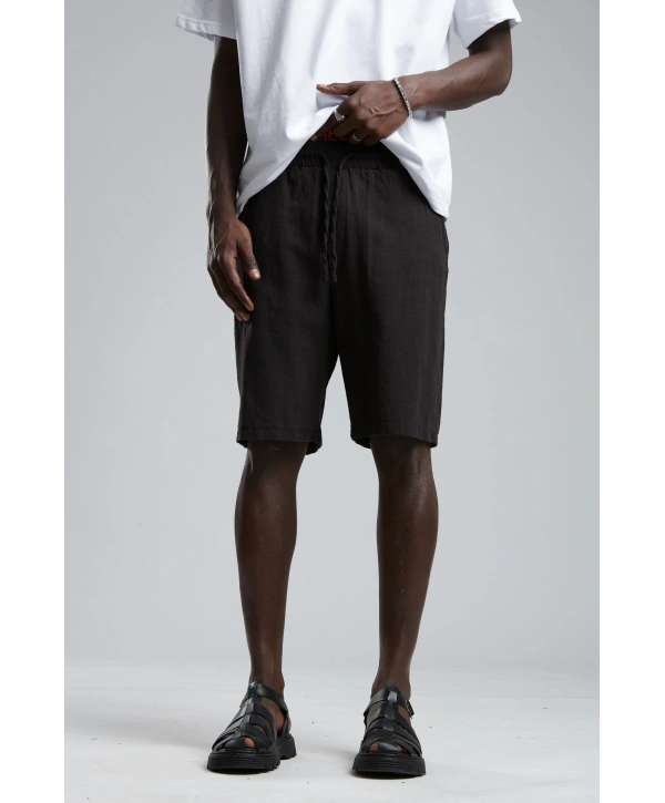 Erkek Beli Lastikli Keten Şort- Siyah