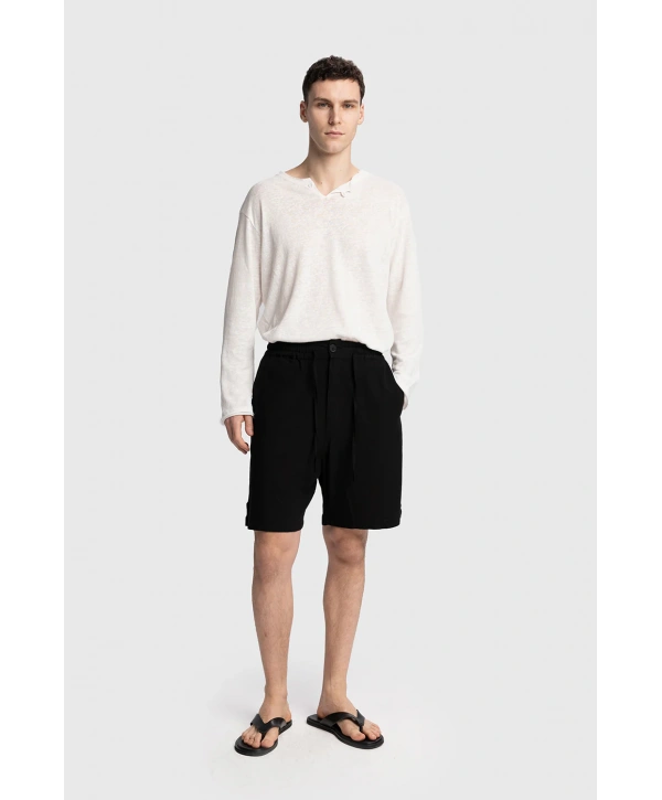 Erkek Beli Lastikli Keten Şort-Siyah