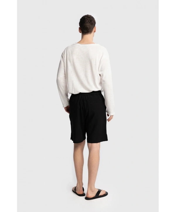 Erkek Beli Lastikli Keten Şort-Siyah