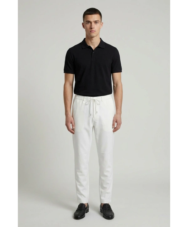 Erkek Beli Lastikli Likralı Joger Pantolon-Beyaz