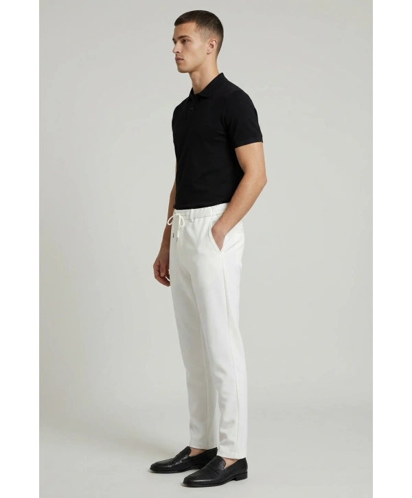 Erkek Beli Lastikli Likralı Joger Pantolon-Beyaz