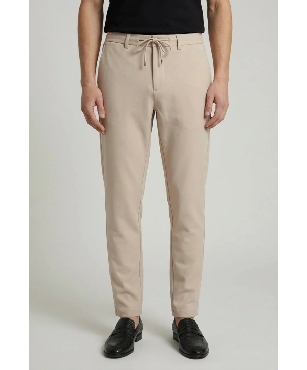 Erkek Beli Lastikli Likralı Joger Pantolon-Krem