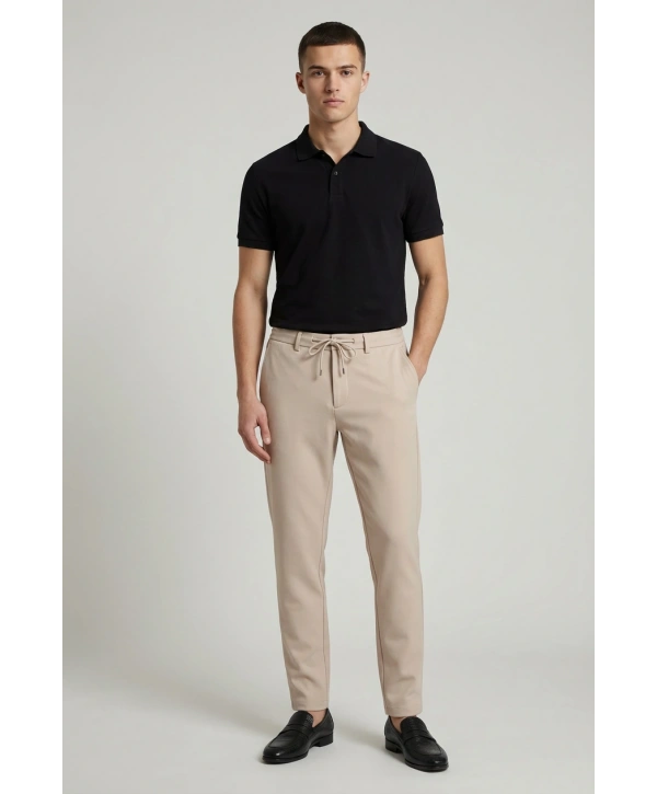 Erkek Beli Lastikli Likralı Joger Pantolon-Krem