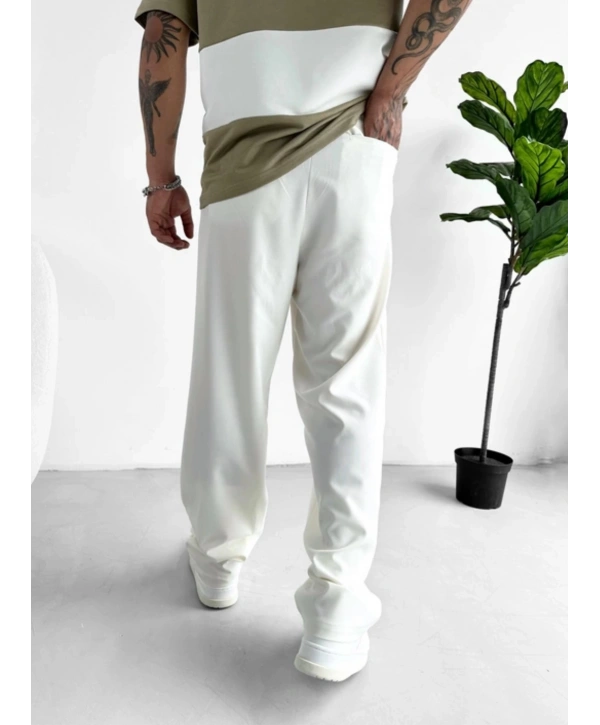 Erkek Beli Lastikli Likralı Kumaş Bagy Pantolon-Beyaz