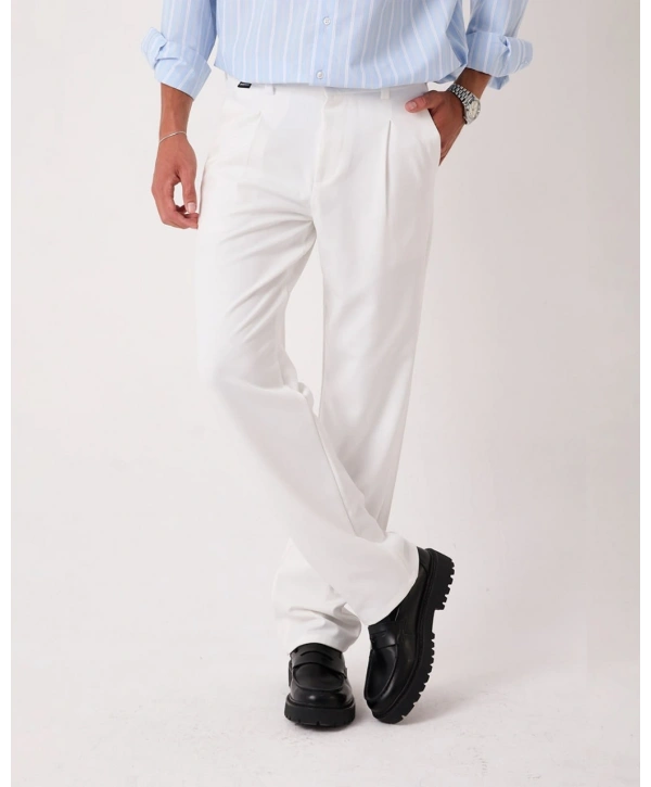Erkek Beli Lastikli Likralı Kumaş Bagy Pantolon- Beyaz