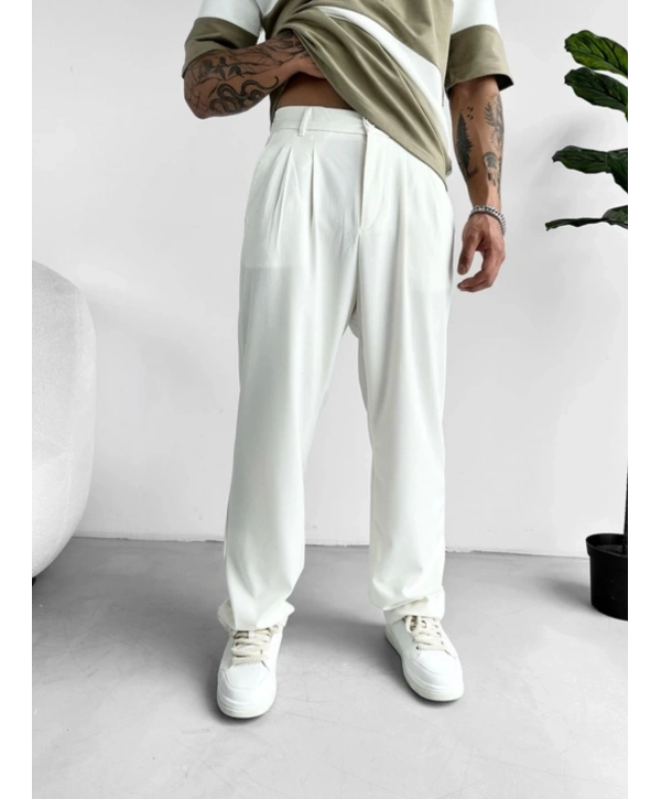 Erkek Beli Lastikli Likralı Kumaş Bagy Pantolon-Beyaz