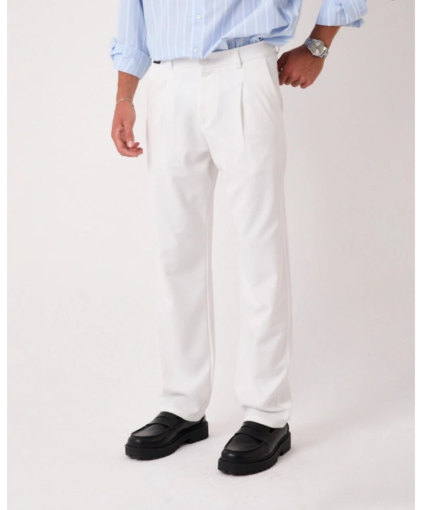 Erkek Beli Lastikli Likralı Kumaş Bagy Pantolon- Beyaz