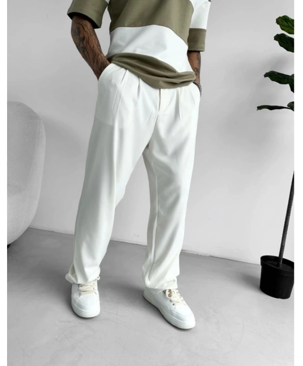 Erkek Beli Lastikli Likralı Kumaş Bagy Pantolon-Beyaz