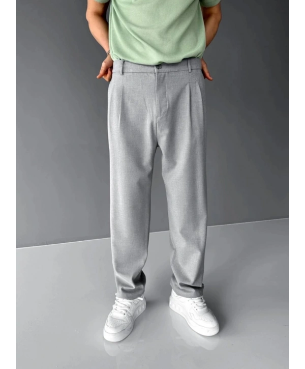 Erkek Beli Lastikli Likralı Kumaş Bagy Pantolon-Gri