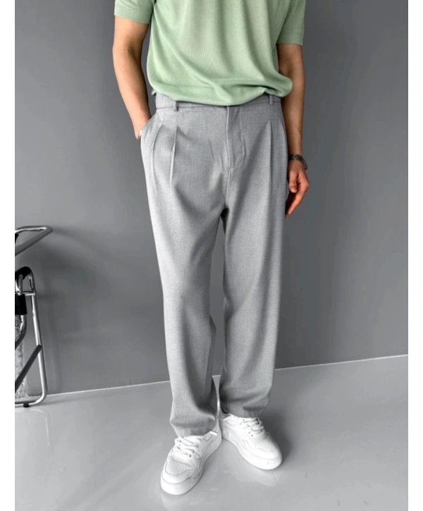 Erkek Beli Lastikli Likralı Kumaş Bagy Pantolon-Gri