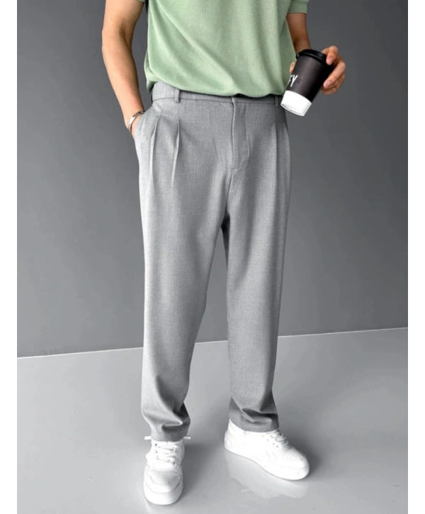 Erkek Beli Lastikli Likralı Kumaş Bagy Pantolon-Gri