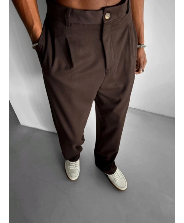 Erkek Beli Lastikli Likralı Kumaş Bagy Pantolon-Kahve