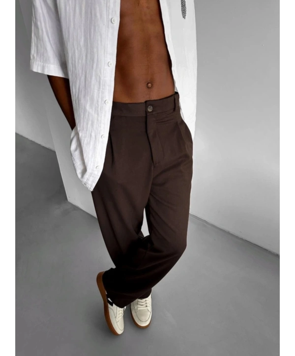 Erkek Beli Lastikli Likralı Kumaş Bagy Pantolon-Kahve