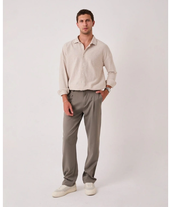 Erkek Beli Lastikli Likralı Kumaş Bagy Pantolon- Kahverengi