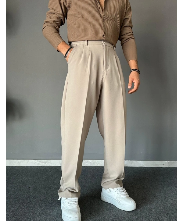 Erkek Beli Lastikli Likralı Kumaş Bagy Pantolon-Krem