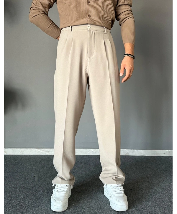 Erkek Beli Lastikli Likralı Kumaş Bagy Pantolon-Krem