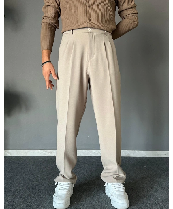Erkek Beli Lastikli Likralı Kumaş Bagy Pantolon-Krem
