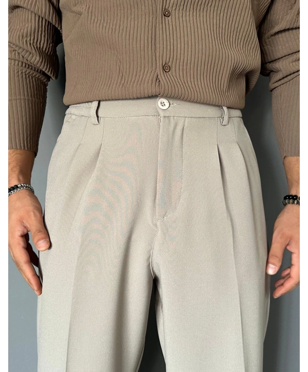 Erkek Beli Lastikli Likralı Kumaş Bagy Pantolon-Krem