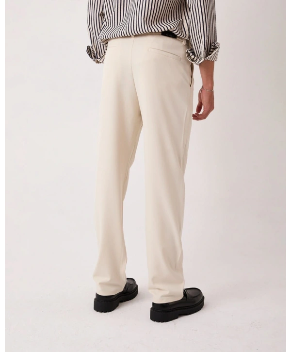 Erkek Beli Lastikli Likralı Kumaş Bagy Pantolon- Krem