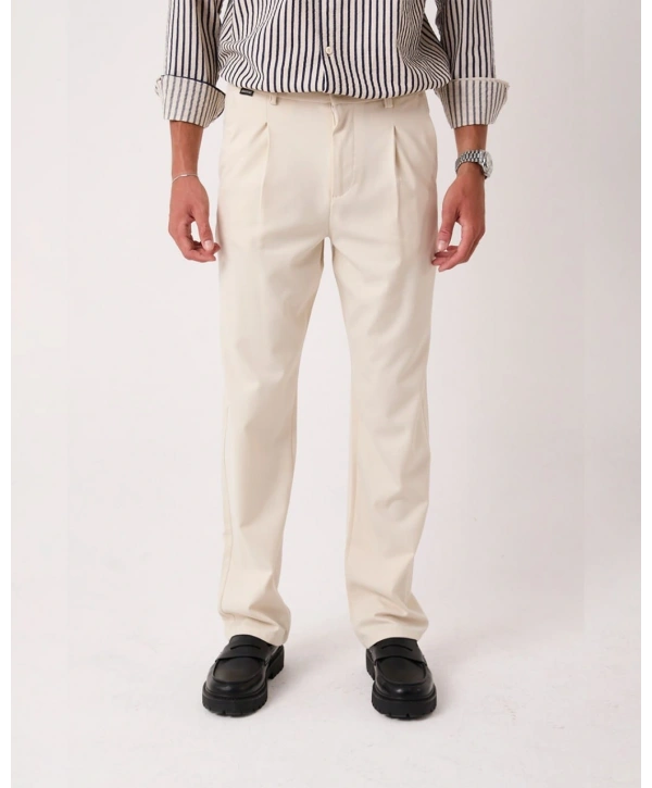 Erkek Beli Lastikli Likralı Kumaş Bagy Pantolon- Krem