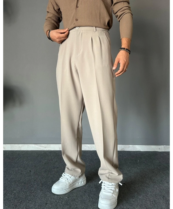 Erkek Beli Lastikli Likralı Kumaş Bagy Pantolon-Krem