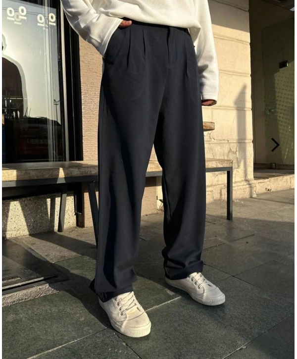 Erkek Beli Lastikli Likralı Kumaş Bagy Pantolon-Lacivert