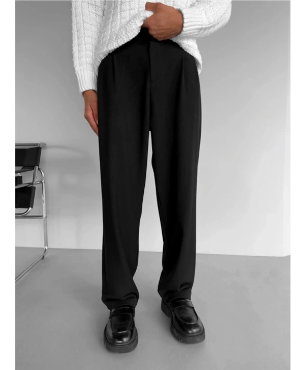 Erkek Beli Lastikli Likralı Kumaş Bagy Pantolon-Siyah