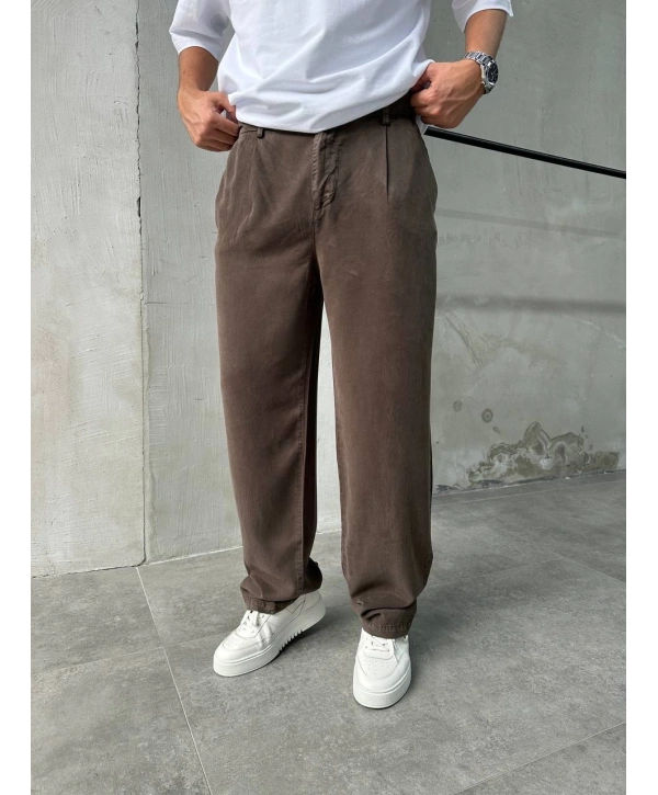 Erkek Beli Lastikli Likralı Pamuklu Bagy Pantolon-Kahverengi