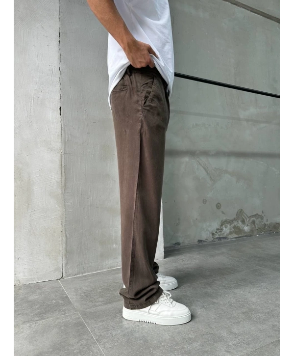 Erkek Beli Lastikli Likralı Pamuklu Bagy Pantolon-Kahverengi