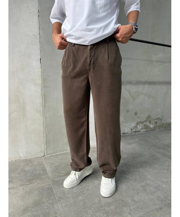 Erkek Beli Lastikli Likralı Pamuklu Bagy Pantolon-Kahverengi