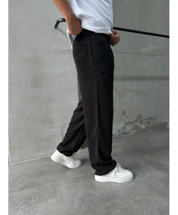 Erkek Beli Lastikli Likralı Pamuklu Bagy Pantolon-Siyah