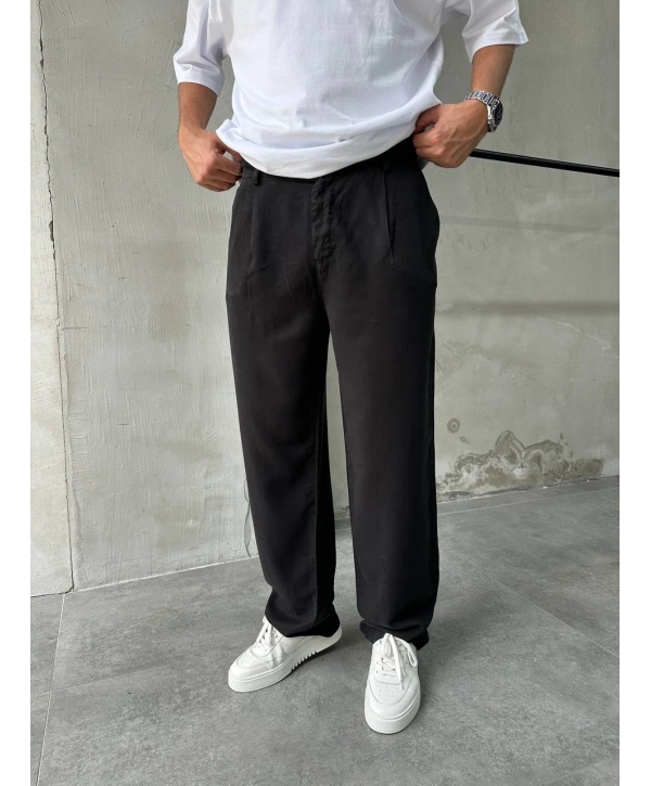 Erkek Beli Lastikli Likralı Pamuklu Bagy Pantolon-Siyah