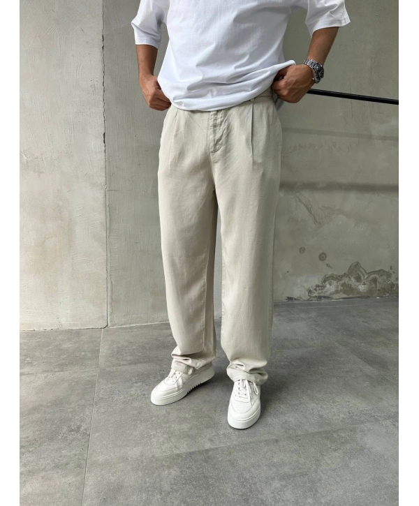 Erkek Beli Lastikli Likralı Pamuklu Bagy Pantolon-Taş