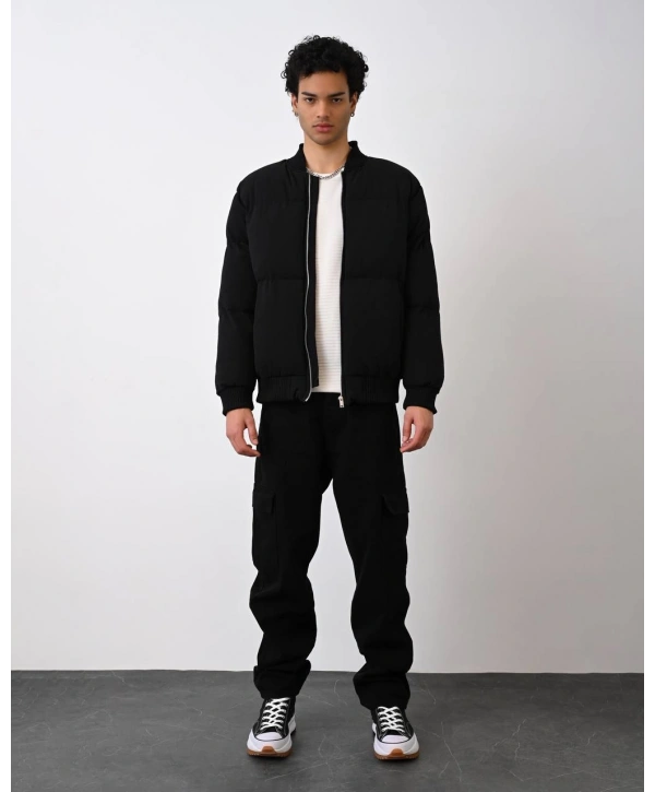 Erkek Beli Lastikli Şişme Mont-Siyah