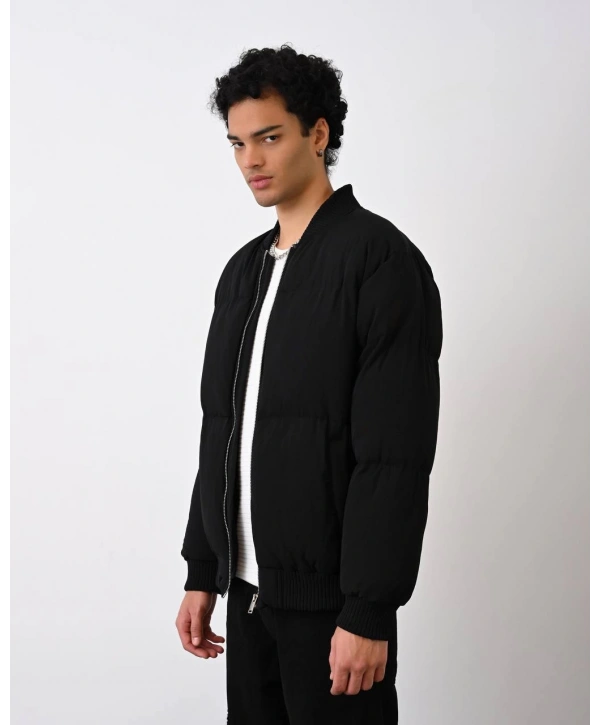 Erkek Beli Lastikli Şişme Mont-Siyah