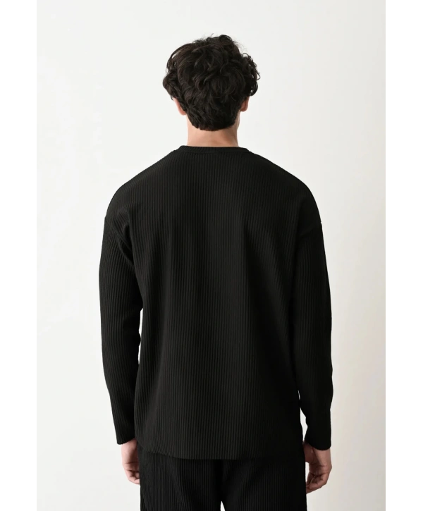 Erkek Bisiklet Yaka Fitilli Uzun Kol Owersıze Sweat-Siyah