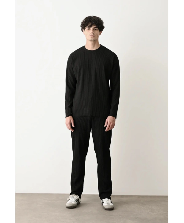 Erkek Bisiklet Yaka Fitilli Uzun Kol Owersıze Sweat-Siyah