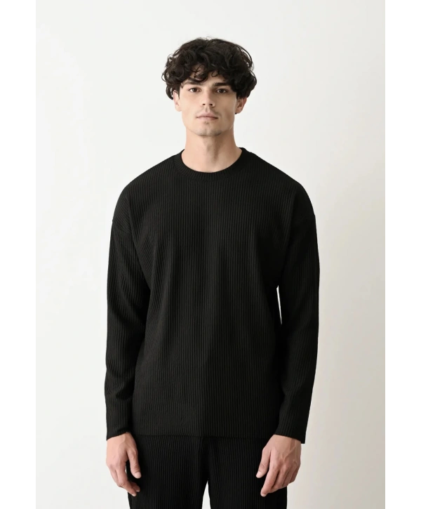 Erkek Bisiklet Yaka Fitilli Uzun Kol Owersıze Sweat-Siyah