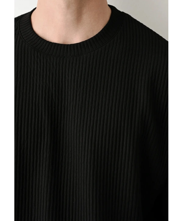 Erkek Bisiklet Yaka Fitilli Uzun Kol Owersıze Sweat-Siyah