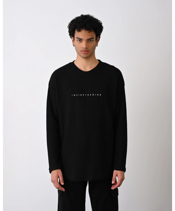 Erkek Bisiklet Yaka İnce İnsident Baskılı Sweat - Siyah