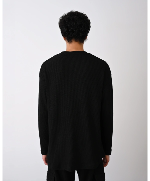 Erkek Bisiklet Yaka İnce İnsident Baskılı Sweat - Siyah