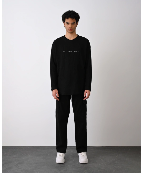 Erkek Bisiklet Yaka İnce İnsident Baskılı Sweat - Siyah